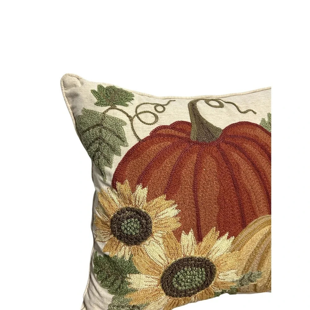 Gilded Maple Embroidered Down Pillow Pumpkin 3D Harvest Fall Autumn‎ 17x17